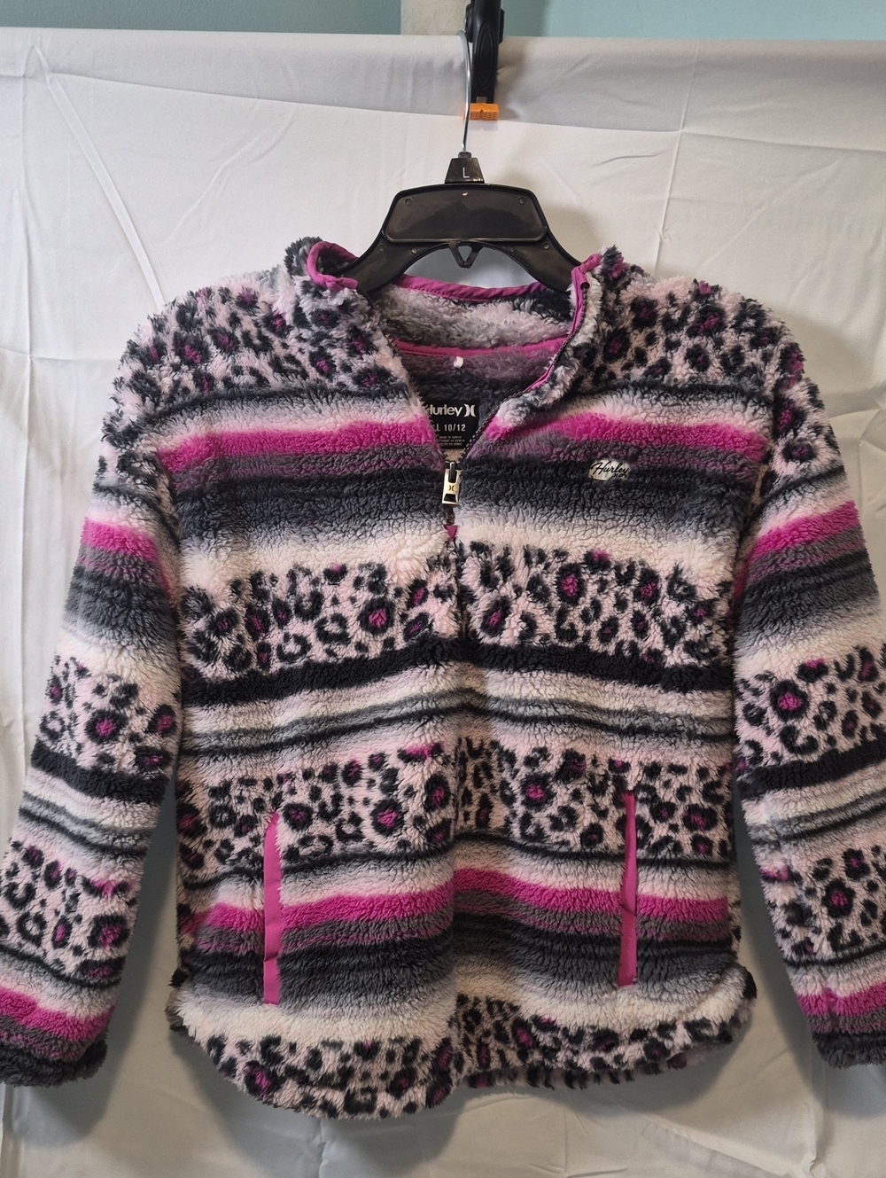 Hurley Pink, Gray & White Plush Leopard Half-Zip Jacket